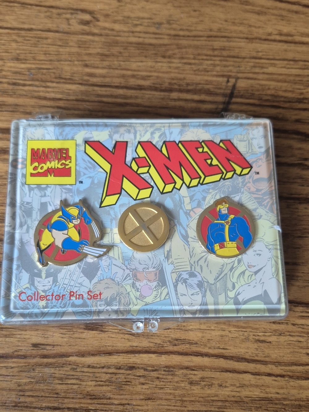 New Marvel Comics X‑Men Collector Pin Set - Yellow, Red, Blue Dated 1993.